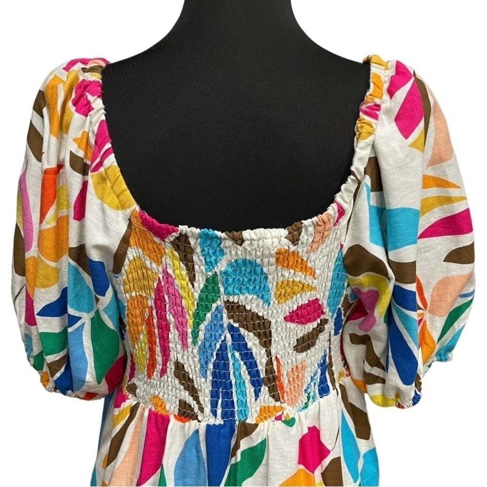 Vacation / Resort Puff Sleeve Dress | Tabitha Brown Tropical Linen | Size Large - Picture 8 of 12